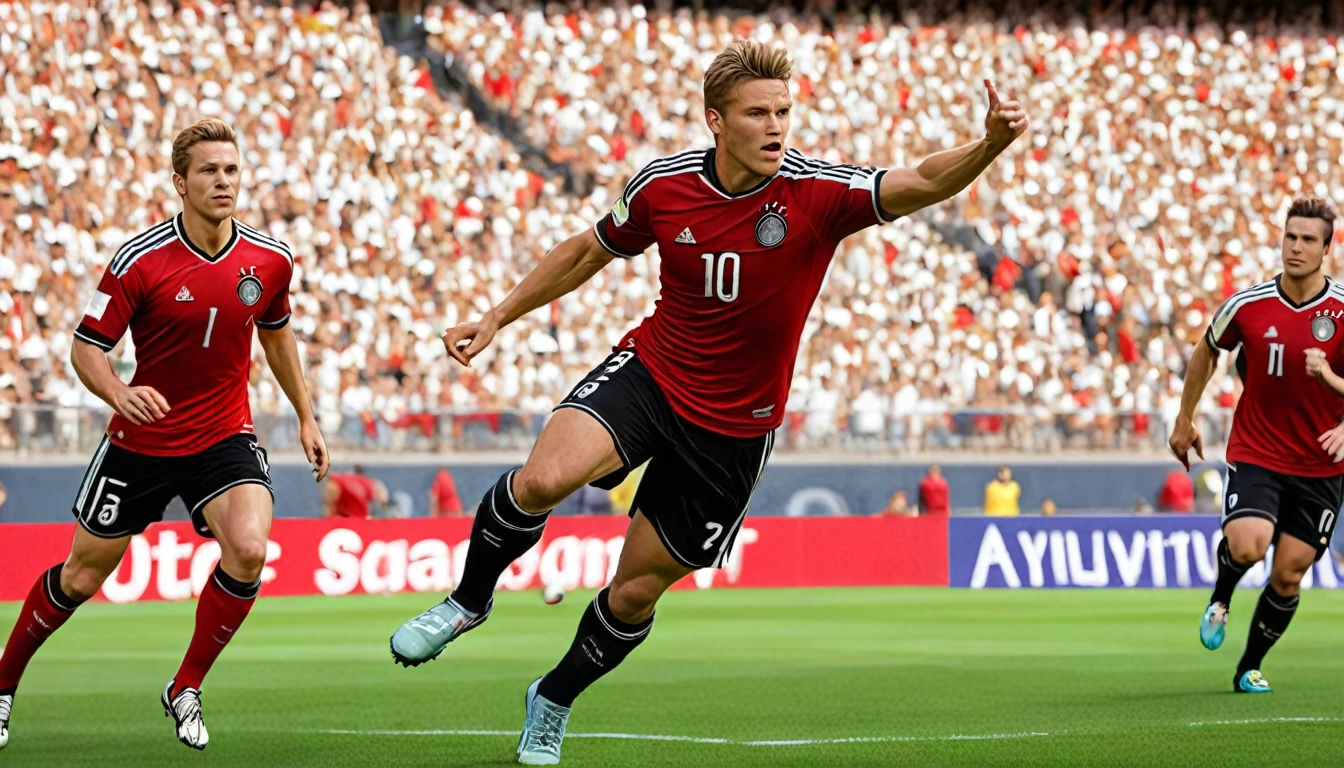 high quality, hyperdetailed, 3d, dynamic, dramatic lighting, highly detailed, photorealistic, 1 german male soccer team, soccer players, athletes, football, soccer, team, sports, sports uniforms, soccer jerseys, cleats, soccer ball, soccer field, stadium, crowds, cheering fans, flags, banners, action pose, muscular figures, sweat, motion blur, depth of field, germnan flag on jersey