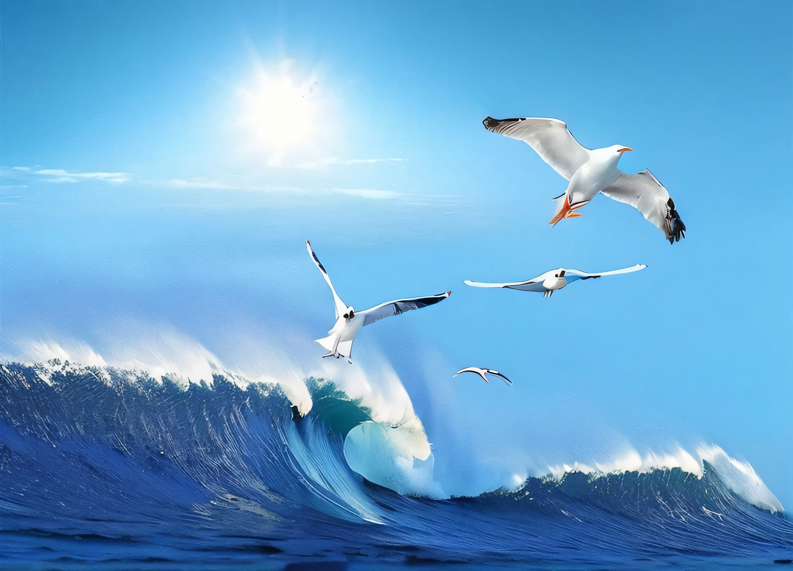 there are three Seagull flying over a wave in the ocean, Rough Seas, riding the wave, Clouds、Wings and waves, Flying over the ocean, Energy Wave, Seagull, Wavess, Waves, nature, Wild sea background, Birds flying in the sun, Waves, Beautiful Ocean, Amazing composition, Beautiful big nature, Beautiful composition