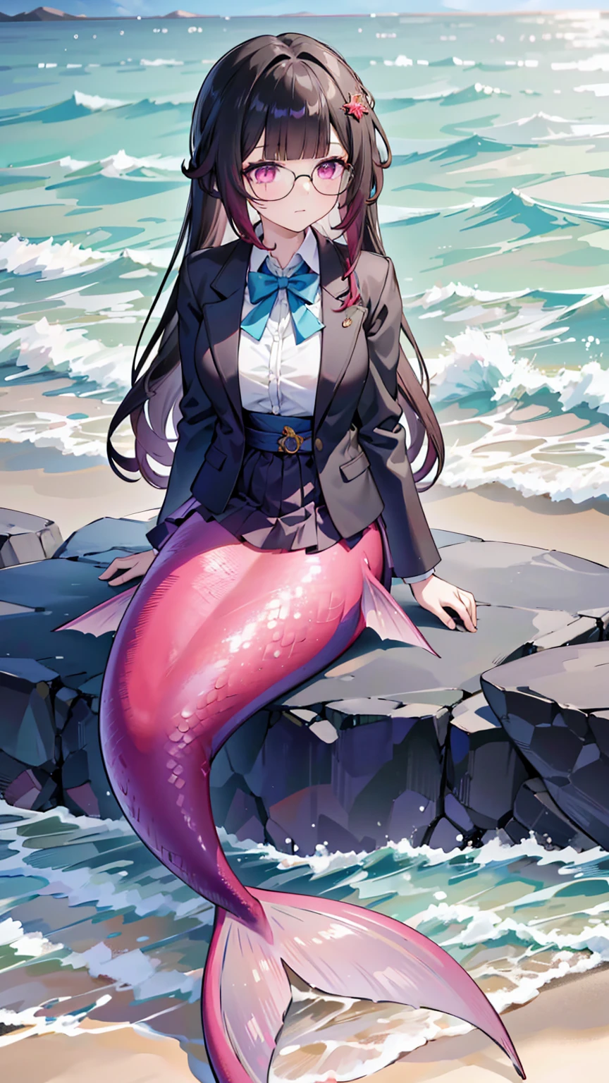 masterpiece, best quality,A girl,Solitary,sparklehsrpv, hairclip, open jacket,Glasses,Large Breasts,Mermaid,红色的Mermaid尾巴,full-body shot,Sitting on the beach,Sea view