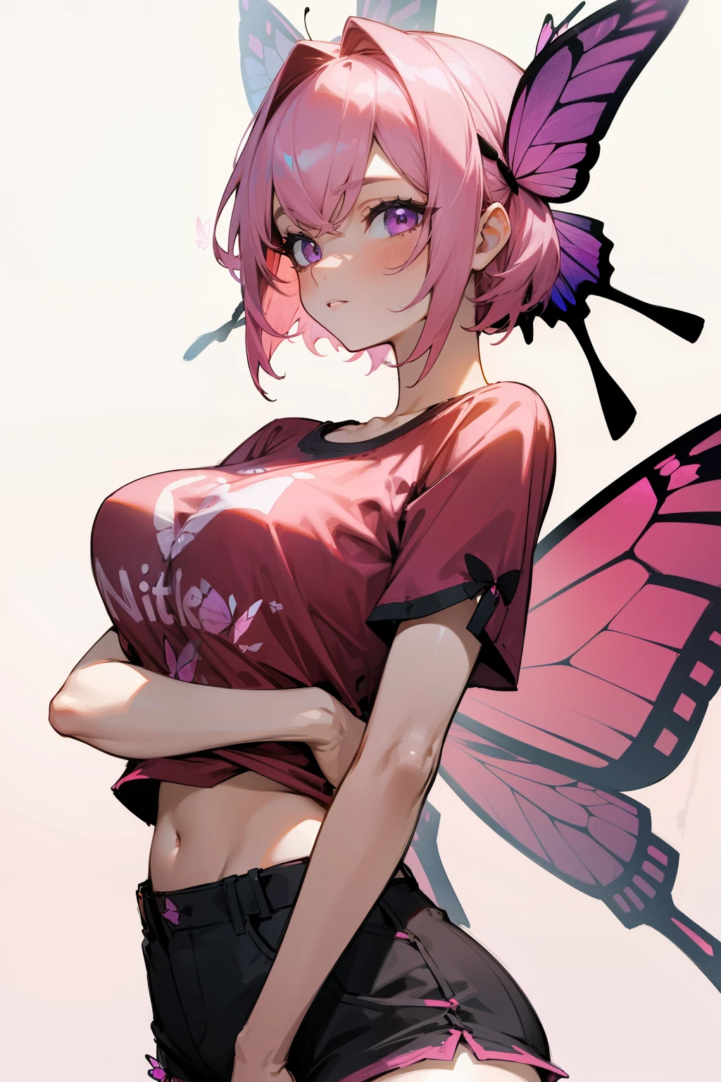 A nice girl, Short pink hair, Violet eyes, Butterfly antennae, Hair tie, Butterfly wings, red t-shirt, Shorts, Big breasts,