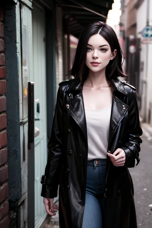 Stoya in a dark alley, her black trench coat billowing in the wind as she glances over her shoulder with a sly smile - a perfect film noir-style female  spy.