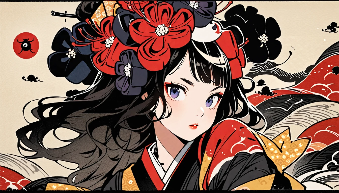 Highest quality, Katsushika Hokusai, Ink Painting, (((longhair))), (((Light black kimono))), (((Big red ribbon on head))), Red spider lily, beautiful girl, Black Hair, Delicate and precise, Modern ukiyo-e style