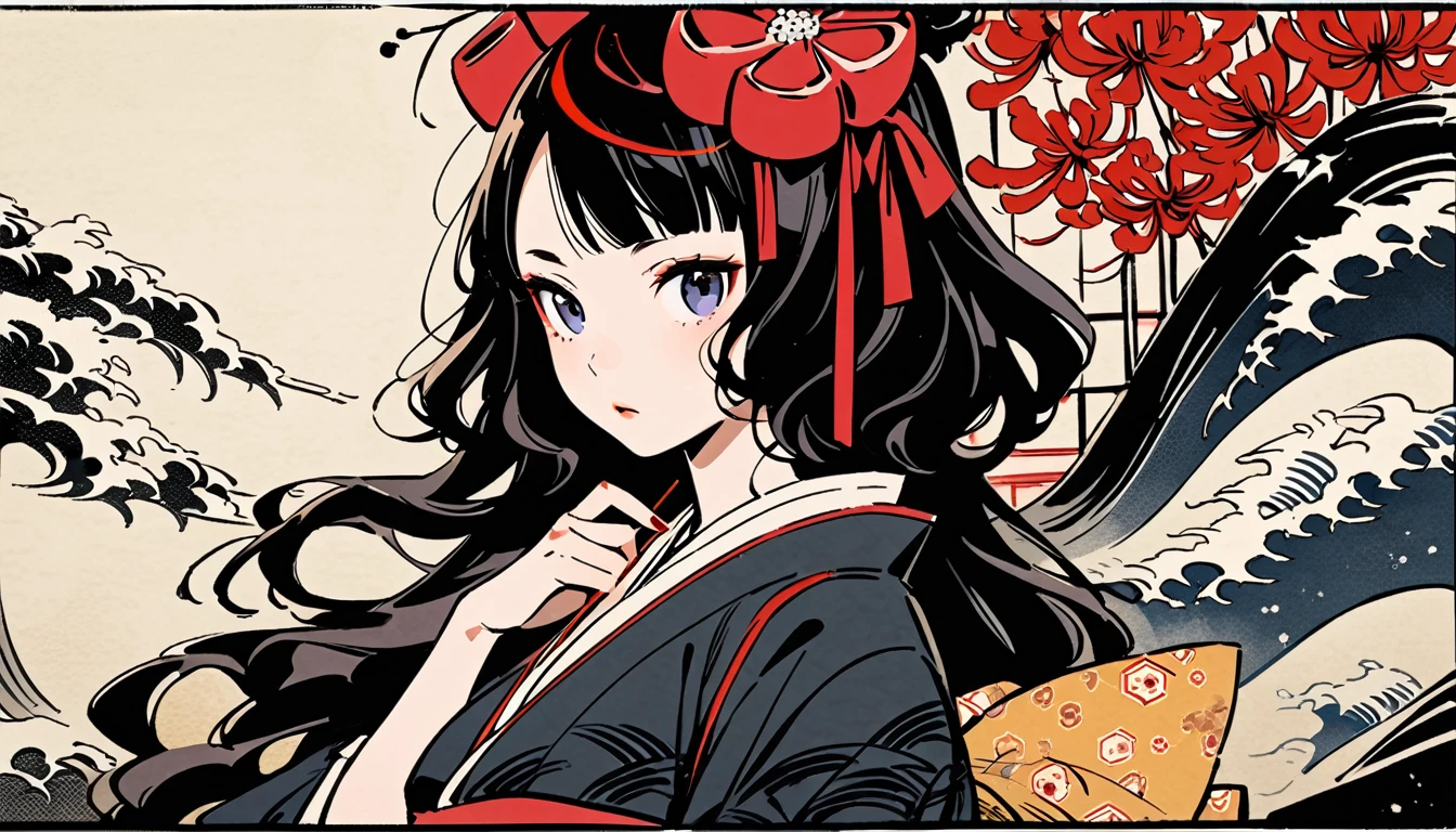 Highest quality, Katsushika Hokusai, Ink Painting, (((longhair))), (((Light black kimono))), (((Big red ribbon on head))), Red spider lily, beautiful girl, Black Hair, Delicate and precise, Modern ukiyo-e style