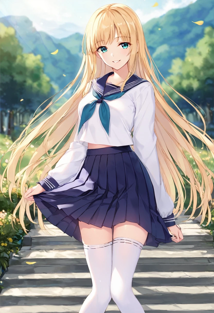 (8k, masterpiece, best quality, ultra-detailed, an extremely delicate and beautiful, official style, depth of field, highly detailed, very aesthetic, intricate, overall detail, perfect anatomy), looking at viewer, outdoors, kyoto, 1girl, solo, blonde hair, long hair, aqua eyes,faint lips, shinsengumi, white serafuku, pleated skirt, white thighhighs, bokken, smile