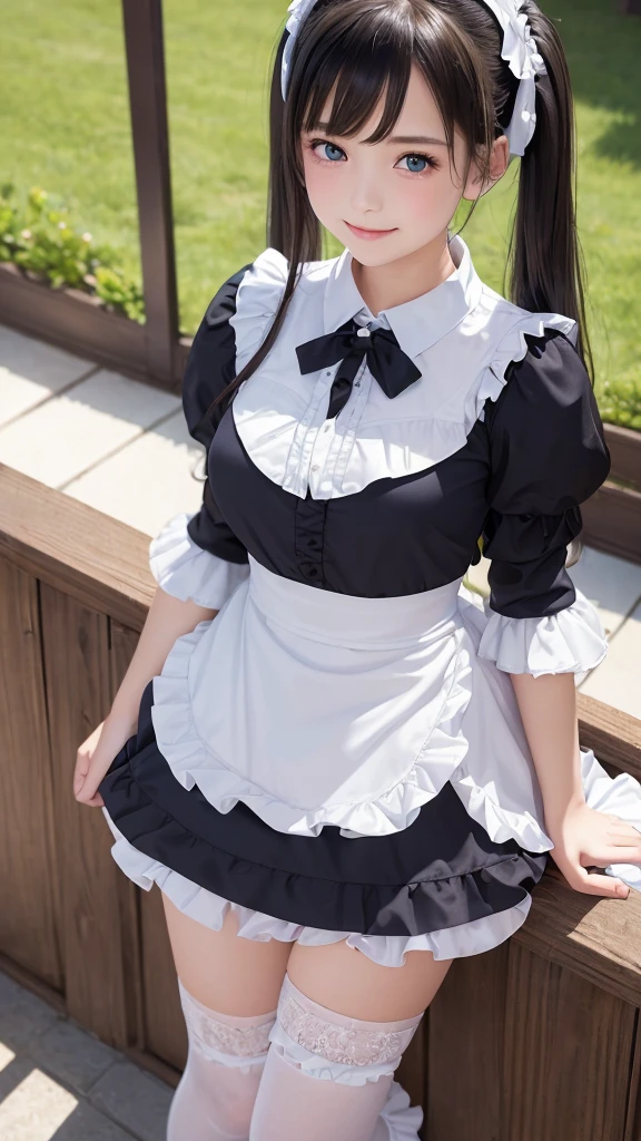 ((masterpiece)), ((highest quality、Ultra high definition)), (Very detailed),8K、Photo quality、((Amazingly cute girl)),( ), Two people, , (Beautiful emerald blue eyes), ((smile)),In the open-air bath overlooking the sea, Beautifully arranged black hair in twin tails、whole body、((Super high-end white see-through summer gothic lolita maid costA super mini skirt with lots of frills))、Professional Lighting、(White lace knee-highore detailed and beautiful)、(More details and cutenesore realistic)、(((Just wear light clothing)))、