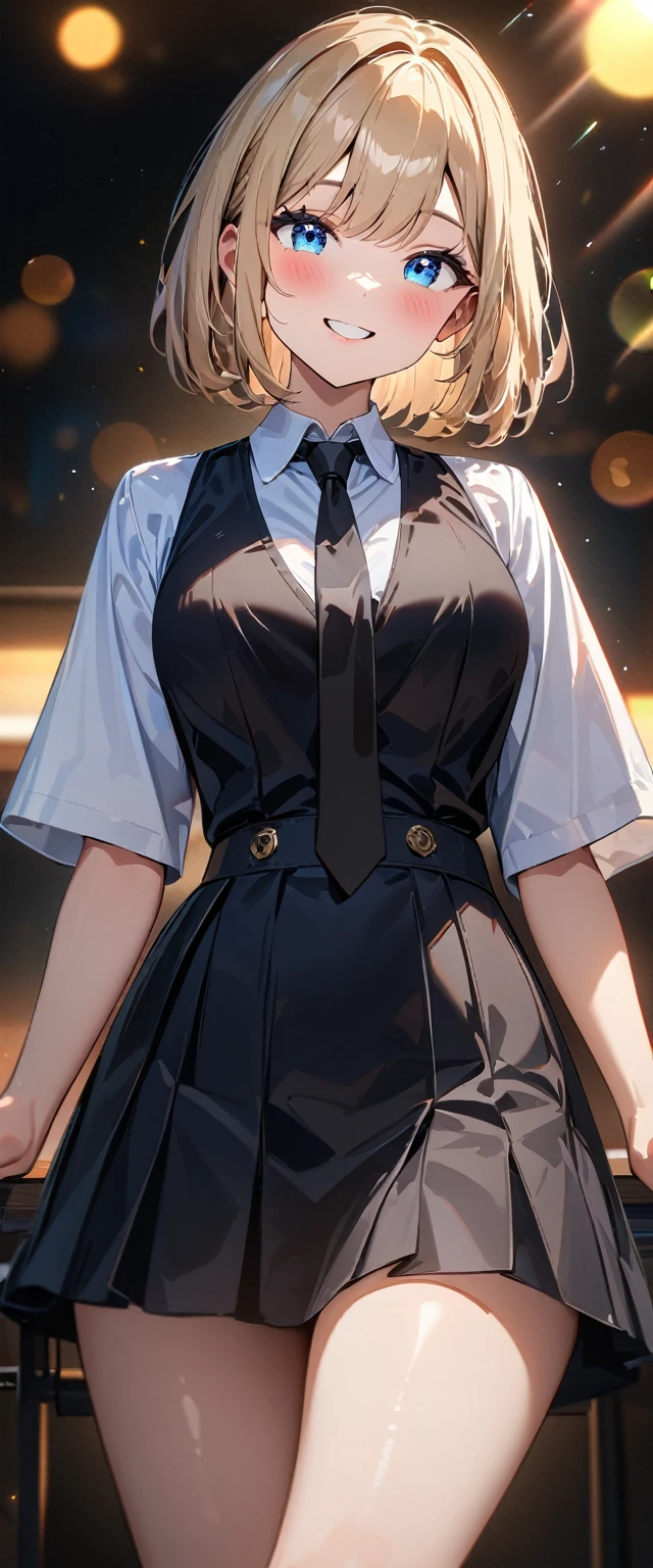 (((One girl))), blond hair, bob cut, (cowboy shot), (looking at viewer), face in focus, breasts, ager, head tilt:1.3, (((blue eye))), ((happy smile)), ((blush)), school summer uniform, white shirts, ((black tie)), black skirt, black waistcoat, anime style, (best quality, 4k, 8k, highres, masterpiece:1.2, ultra-detailed, ultra-detailed eyes, HDR, UHD, studio lighting, ultra-fine painting, sharp focus, physically-based rendering, extreme detail description, professional, vivid colors, bokeh)