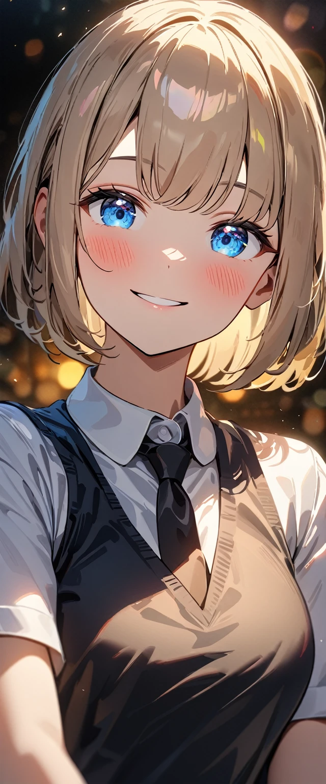 (((One girl))), blond hair, bob cut, (cowboy shot), (looking at viewer), face in focus, breasts, teenager, head tilt:1.3, (((blue eye))), ((happy smile)), ((blush)), school summer uniform, white shirts, ((black tie)), black skirt, black waistcoat, anime style, (best quality, 4k, 8k, highres, masterpiece:1.2, ultra-detailed, ultra-detailed eyes, HDR, UHD, studio lighting, ultra-fine painting, sharp focus, physically-based rendering, extreme detail description, professional, vivid colors, bokeh)