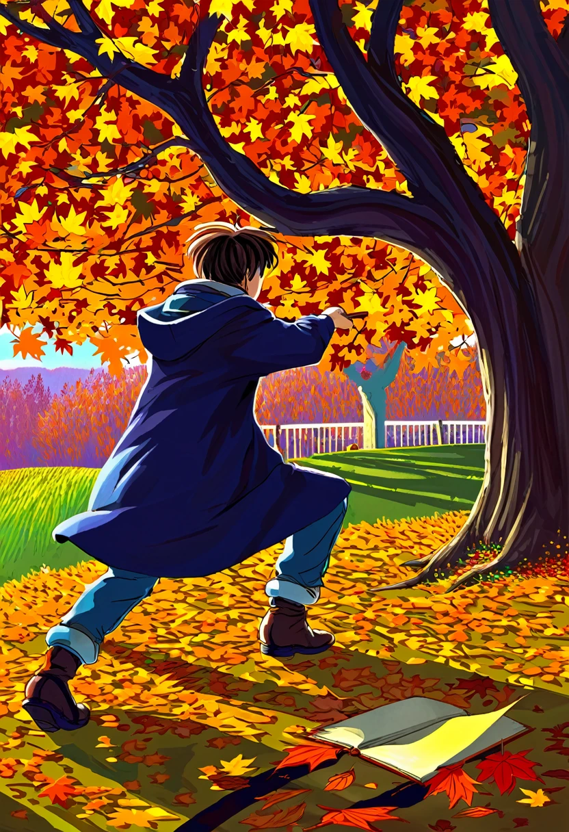 Description of the book cover, based on this text:
**cover:**
1. **Background:** The illustration will include natural elements of an autumn park or square with bright maple foliage, creating an atmosphere of comfort and warmth, despite the incident in the foreground.
2. **Essential elements:**
- **Ivan:** A young man is depicted in the foreground, Ivan, with a natural brush in hands, who carefully arranges the leaves. His face expresses thoughtfulness and inner harmony with what is happening.
- **Scene:** Рядом с Ivanом можно показать фигуру мужчины в охровом пальто, whose face is partially covered in shadow, to create an intriguing moment of meeting and conflict.
- **details:** Place visual elements around them, reflecting the autumn atmosphere - falling leaves, soft morning sun, which creates a play of light and shadow on the faces of the characters.
3. **Text elements:**
- **Title of the book:** "Dance in the maple leaves"
- **author:** Author's name - **Quote or short description of the plot:** For example, "A story about moments, when every leaf and every meeting can change everything."
4. **General atmosphere:** cover должна передавать теплую и меланхоличную осеннюю атмосферу, in which the themes of artistic inspiration and internal contradiction of the protagonist are intertwined. It should attract the attention of readers with its delicate and deep aesthetics, emphasizing the importance of moments in life, when art becomes an escape from everyday life.