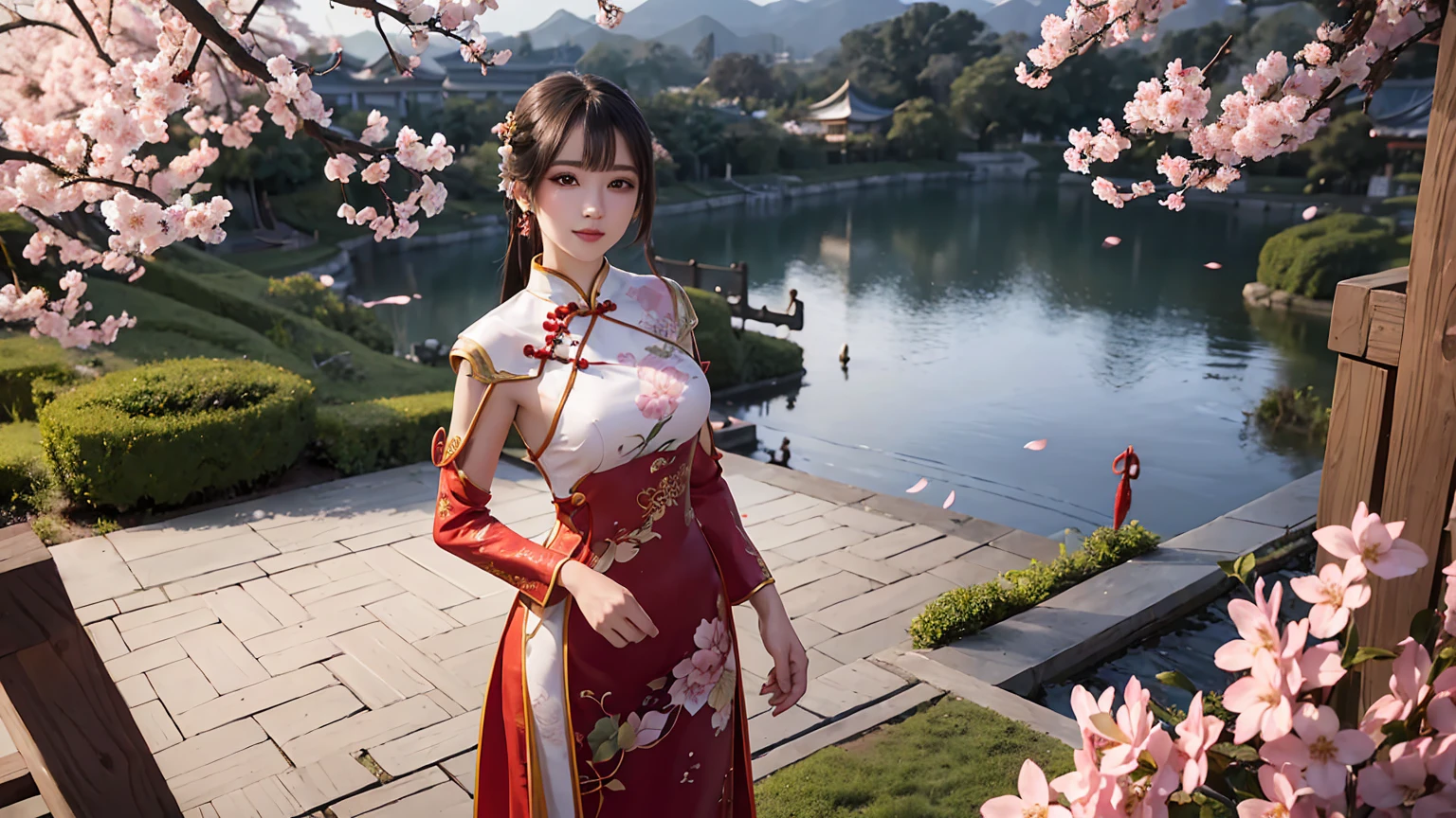 beautiful girl, (cheongsam with plated armor at upper arms:1.2), standing in a traditional chinese garden with cherry blossom, high quality render, extremely detailed, upperbody close up