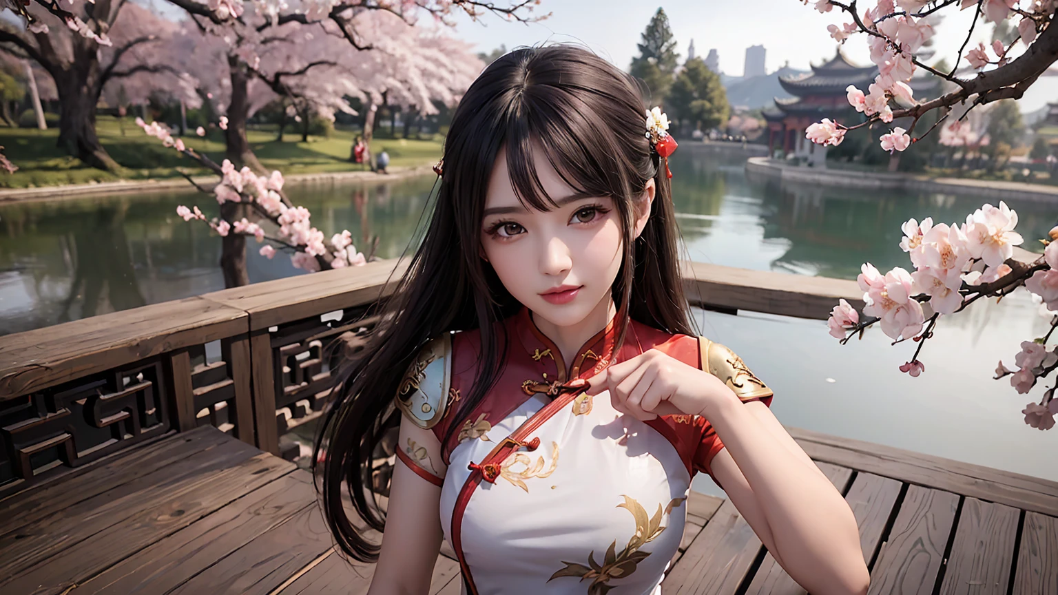 beautiful girl, (cheongsam with plated armor at upper arms:1.2), standing in a traditional chinese garden with cherry blossom, high quality render, extremely detailed, upperbody close up