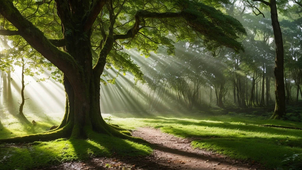Primary forest,Large broadleaf tree,Sunlight filtering through the trees,Mossy stone