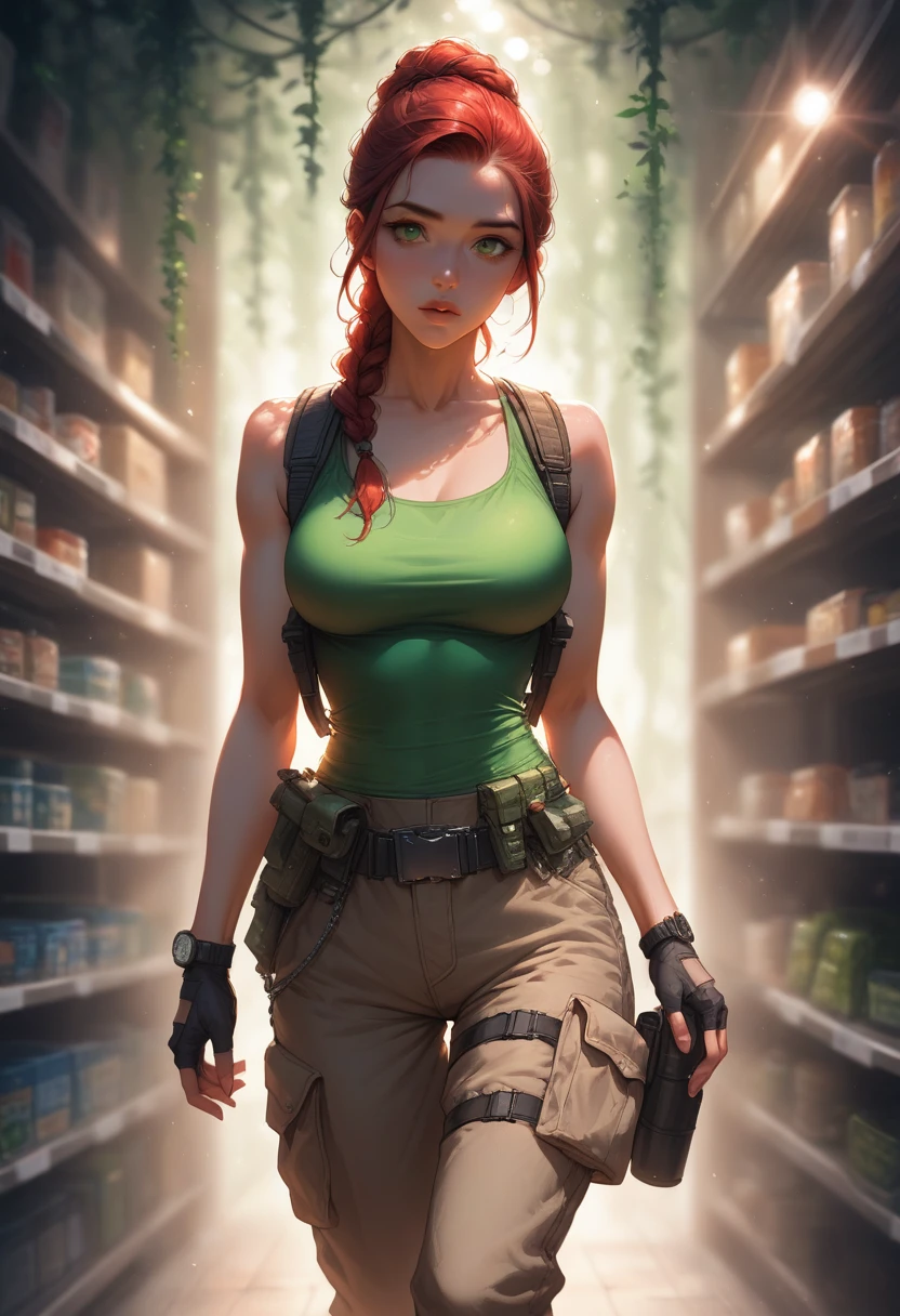 Fujifilm XT3, professional lighting, 8k resolution, depth of field, lens flare, ((best quality)), (((intricate details))), highly detailed, (((cinematic effect))), looking at viewer,A young red-haired woman usually dressed in a tank top, often olive green or black, tight-fitting and sleeveless, allowing freedom of movement. She wears shorts or cargo pants, usually khaki or dark green in color, with several pockets to store her equipment. His outfit includes a utility belt with a buckle, pistols in a holster on each side, and additional pouches for ammo and tools. She wears sturdy combat boots that provide ankle support and grip for climbing and running. Lara also wears fingerless gloves, a watch, and a backpack to carry larger items. Her hair is usually tied into a practical ponytail or braid. , emphasizing his desire for adventure in the Amazon rainforest,no anatomical defects, fine details, dynamic lighting, high quality.