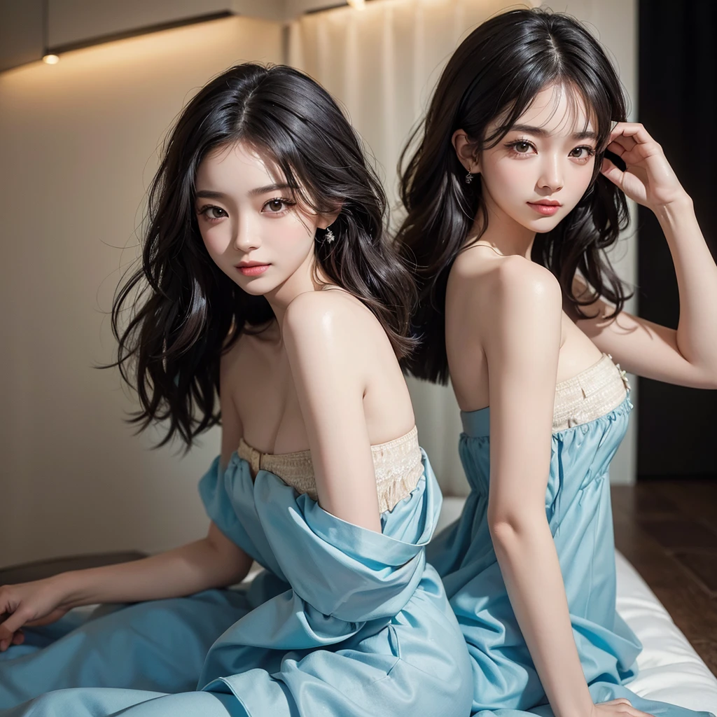 (Hanfu，Chinese costumes)，Stick together，Cuddle together，Rest your head on your shoulder，scowling，long whitr hair，Bangs on both sides，(A half body，Close-up)，Skinny and small，beautidful eyes，Super detailed face，Beautiful woman，Tight and thin waist，Celebrity，Raised sexy，(outside，hot onsen，nevando，florals，grassy，earthy，nedium breasts)，Sharpen，Front light，twincest