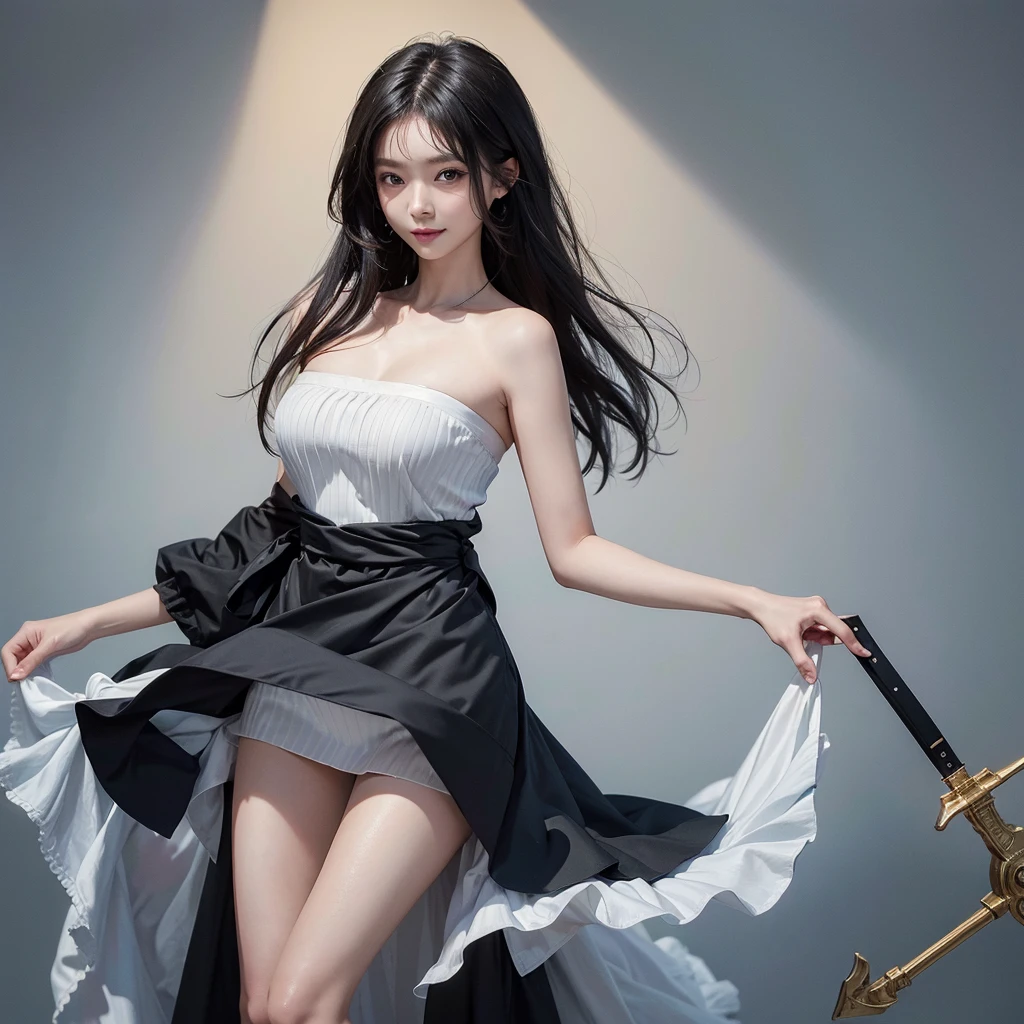 ((Highest quality, 8K, masterpiece:1.3)), concentrated:1.2, Beautiful Korean women with perfect figures:1.4, Stick your butt out:1.2, ((Cut your hair in layers:1.2)), (Medium sized breasts),(Bandeau dress:1.5), Highly detailed face and skin texture, Detailed eyes, double eyelid，Whitening the skin，Long black hair,(Keep your mouth shut:1.3)，smile