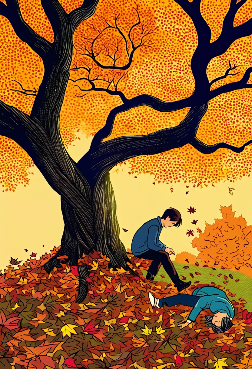 Description of the cover for the book based on this text:
**Cover:**
1. **Background:** The illustration will include natural elements of an autumn park or public garden with bright maple foliage creating an atmosphere of comfort and warmth, despite the incident in the foreground.
2. **Main elements:**
- **Ivan:** In the foreground is a young man, Ivan, with a natural brush in his hands, who is carefully arranging the leaves. His face expresses thoughtfulness and inner harmony with what is happening.
- **Scene:** Next to Ivan, you can show the figure of a man in an ocher coat, whose face is partially covered in shadow, to create an intriguing moment of meeting and conflict.
- **Details:** Place visual elements around them that reflect the autumn atmosphere - falling leaves, soft morning sun, which creates a play of light and shadow on the faces of the characters.
3. **Text elements:**
- **Book title:** "Dance in the Maple Leaves"
- **Author:** Author's name
- **Quote or short description of the plot:** For example, “A story about moments when every leaf and every meeting can change everything.”
4. **General atmosphere:** The cover should convey a warm and melancholy autumn atmosphere, in which the themes of artistic inspiration and the internal contradiction of the main character are intertwined. It should attract the attention of readers with its gentle and deep aesthetics, emphasizing the importance of moments in life when art becomes an escape from everyday life.