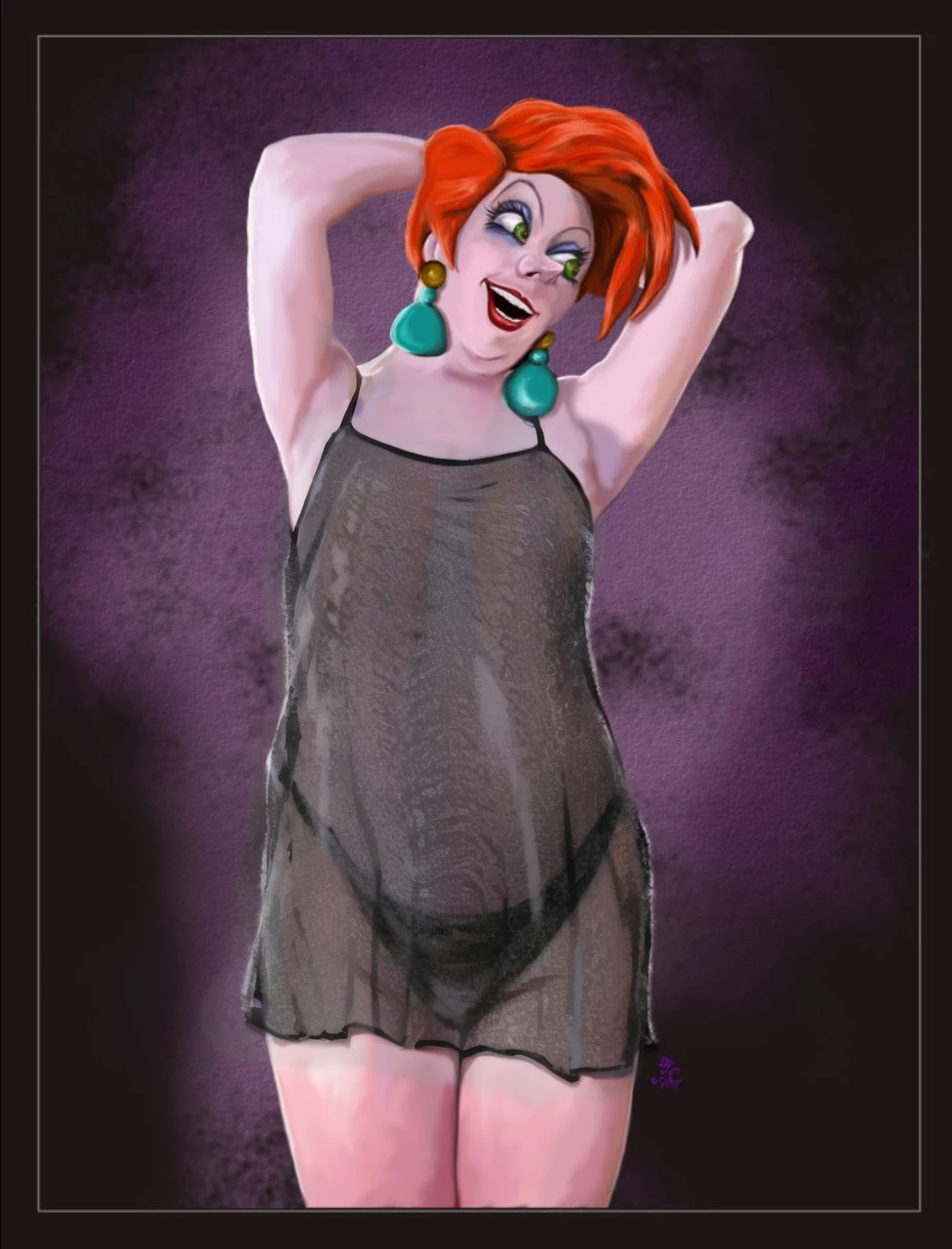 Madame Medusa wearing pink nude long sleeve transparent plastic sheer Nightgown on for her naked body four penises Peeing on basement floor.