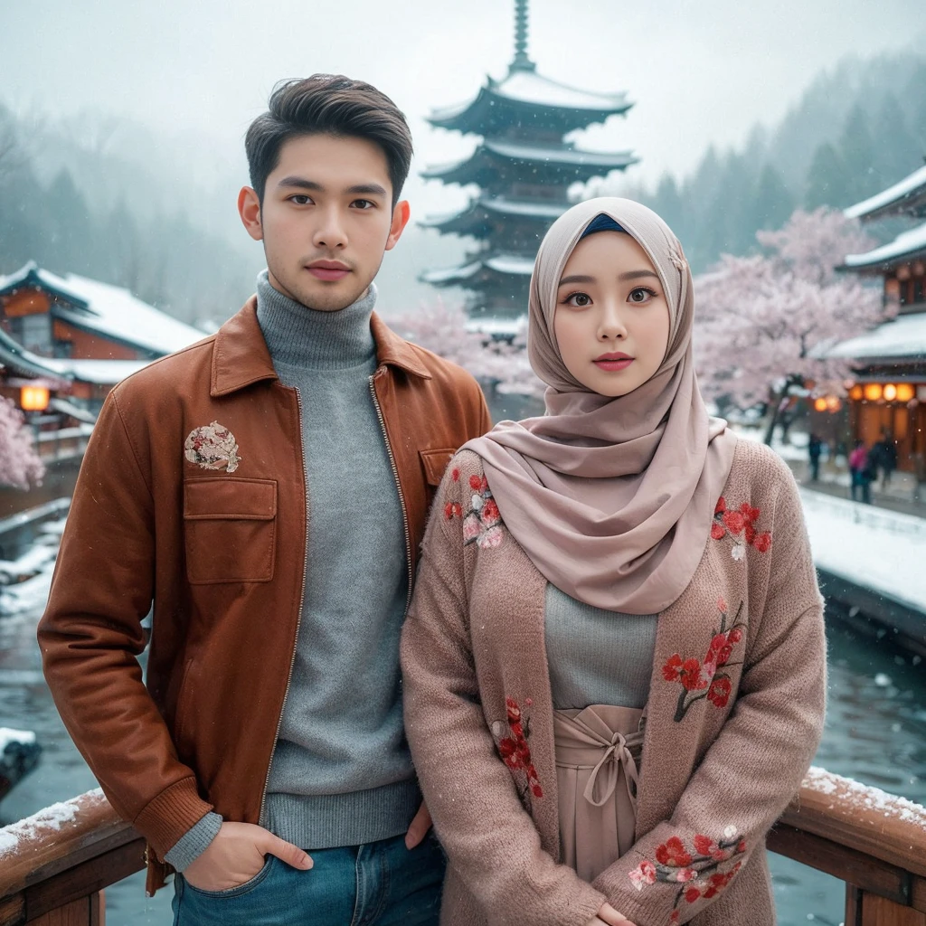 Original photo of an Indonesian couple with clean faces and white skin, 28-year-old man with a clean face,25-year-old woman wearing a hijab,they wore couple clothes, cold clothes , wearing shoes ,full body standing pose with a backdrop of Japanese cherry blossom views ,there is a bridge ,Japanese temple ,lantern ,Cherry blossom cherry tree,snow , realistis HD high-quality photography long shoot cinematic, there is cursive writing (Erlan&diamond)in the lower right corner , 32k