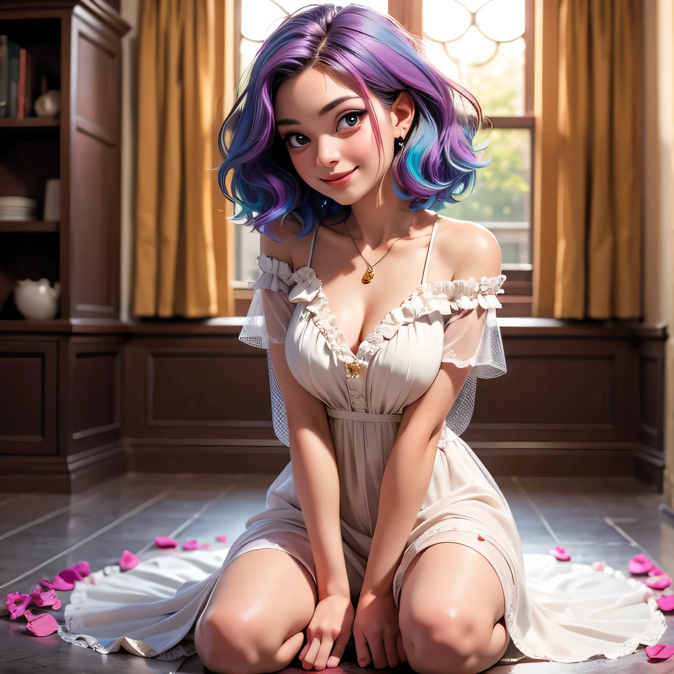 8k, RAW photo, Fujifilm, style photo of a beautiful young woman as rose in kneeling pose (highly detailed skin: 1.2) Style-Petal BREAK short hair, rainbow hair with colored locks, wearing a sheer sundress, film granulation, 35mm, cute style,smiling 