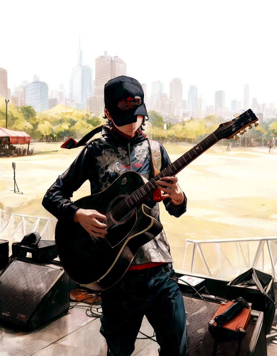 there is a man that is playing a guitar on stage, playing the guitar en el escenario, running, running on stage, Ed O&#39;Brien (guitar), singer-songwriter, zac retz, Live at Lollapalooza, on a stage, tom morello, with a city in the background, playing the guitar, playing a guitar, Jay Bauman, Bryan Sola