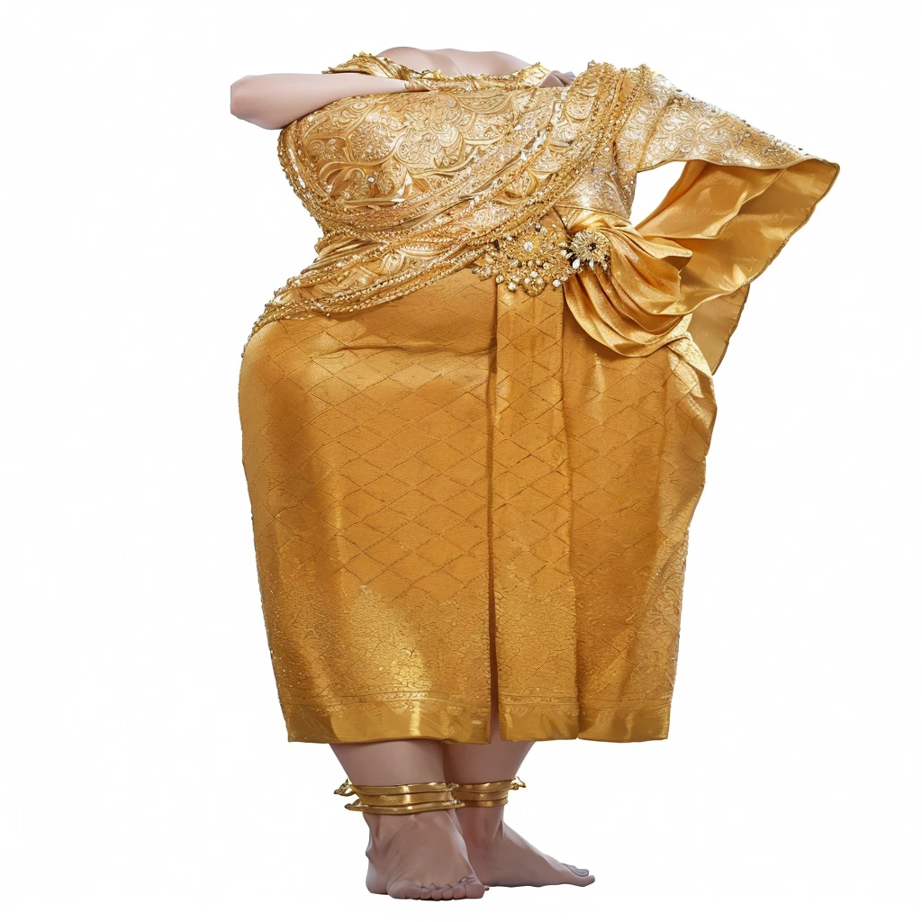 a close up of a woman in a gold dress with a gold sash, sukhothai costume, sarong, female looking, draped in silky gold, gold clothes, idian dress, intricate hakama, side view intricate details, golden robes, looking from side, golden dress, view from the side, robe. extremely high details, golden full body armor