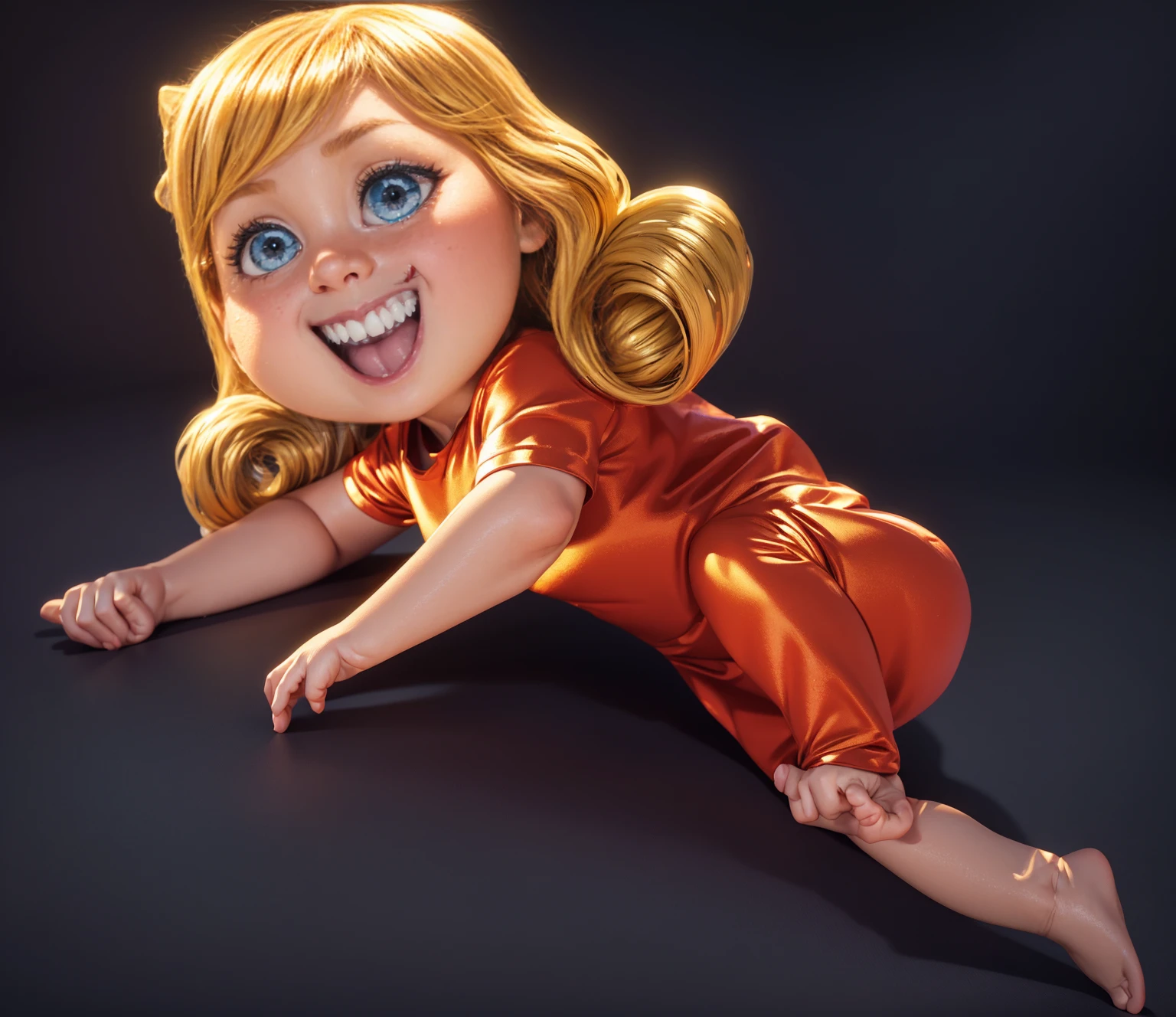 (masterpiece), (best quality), (ultra-detailed), (full body:1.2), A cartoon girl with blonde hair, blue eyes, and a red dress is lying on the ground. Super cute, Baby, Pixar, Baby in yellow blouse, turquoise top and a red skirt, sitting on the floor, Big bright eyes, Smile, Delicate and fine, Fairy tales, Incredibly high detailed, Pixar style, Bright color palette, Natural light, Simple background with pure color, Octane render, Trending on Artstation, Gorgeous, Ultra wide angle, 8k, HD, Realistic, cute baby chibi anime, , smooth 3d model, glossy plastic texture, multiple light sources, rim light, sharp post effects render, most beautiful vfx, , realistic, 4k, high resolution, rim light, smooth 3d model. , glossy texture, smooth 3d model, multiple light sources, rim light, sharp post effects render, (glossy plastic texture with multiple big light probe refractions), perfect cgi, reflective, best quality, 4k, masterpiece:1.2, ultra-detailed, realistic, vivid colors, The image of the highest quality, ensuring every detail showcased perfectly. It in 4k resolution, allowing viewers to immerse themselves in the richness of the colors and intricate details. The realistic rendering. under the spotlight, reflecting, high-resolution image, realistic rendering