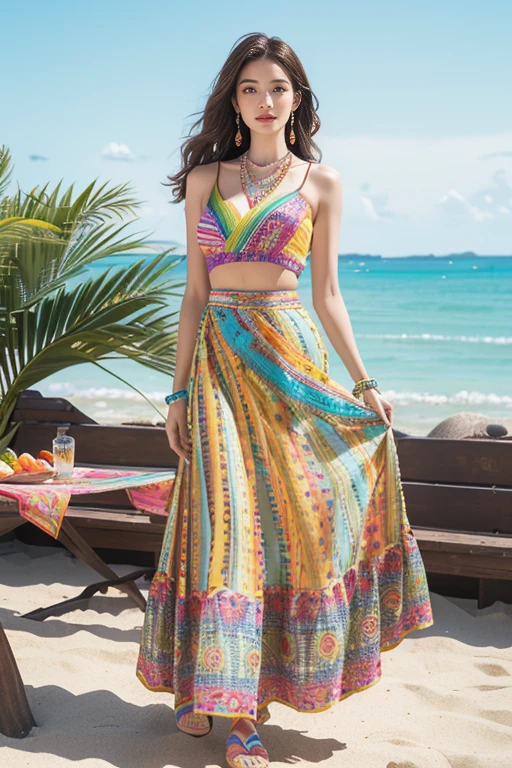 highest quality、4K、Perfect Face、Perfect Style、perfect body、Sunburn、beautiful lady、mature、long curly layer brown hair、Swept-back hair、full body, sexy 、charming、healthy、
((colorful maxi skirt,Colorful maxi skirt in bold geometric prints with a side slit and elastic waist,tropical style,beachside dinner,beaded bracelet)),