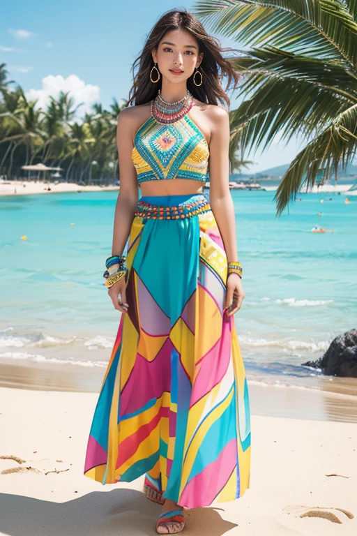 highest quality、4K、Perfect Face、Perfect Style、perfect body、Sunburn、beautiful lady、mature、long curly layer brown hair、Swept-back hair、full body, sexy 、charming、healthy、
((colorful maxi skirt,Colorful maxi skirt in bold geometric prints with a side slit and elastic waist,tropical style,beachside dinner,beaded bracelet)),