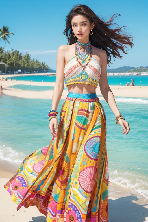 highest quality、4K、Perfect Face、Perfect Style、perfect body、Sunburn、beautiful lady、mature、long curly layer brown hair、Swept-back hair、full body, sexy 、charming、healthy、
((colorful maxi skirt,Colorful maxi skirt in bold geometric prints with a side slit and elastic waist,tropical style,beachside dinner,beaded bracelet)),
