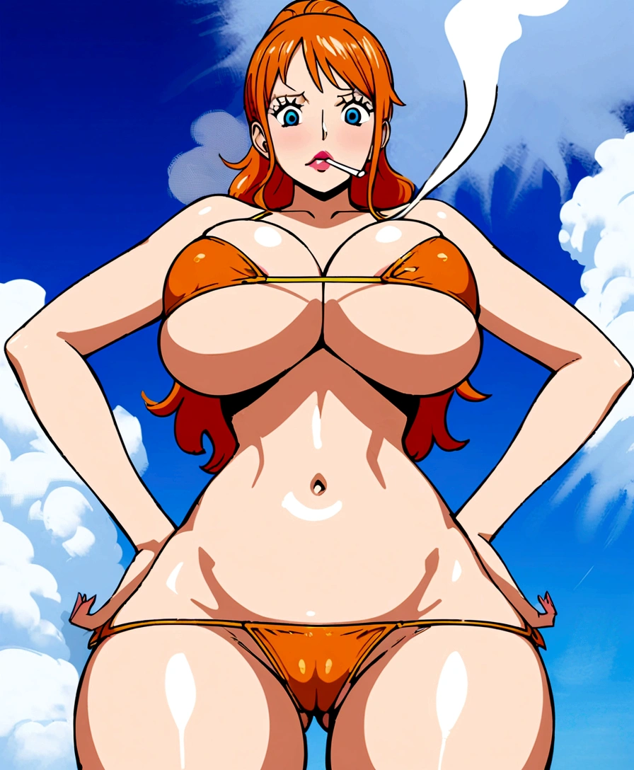 a cartoon picture of a woman in a bikini top and jeans, nami one piece, nami from one piece, nami, beautiful portrait of nami, from one piece, oppai, blue eyes, smoking, ponytail, nsfw