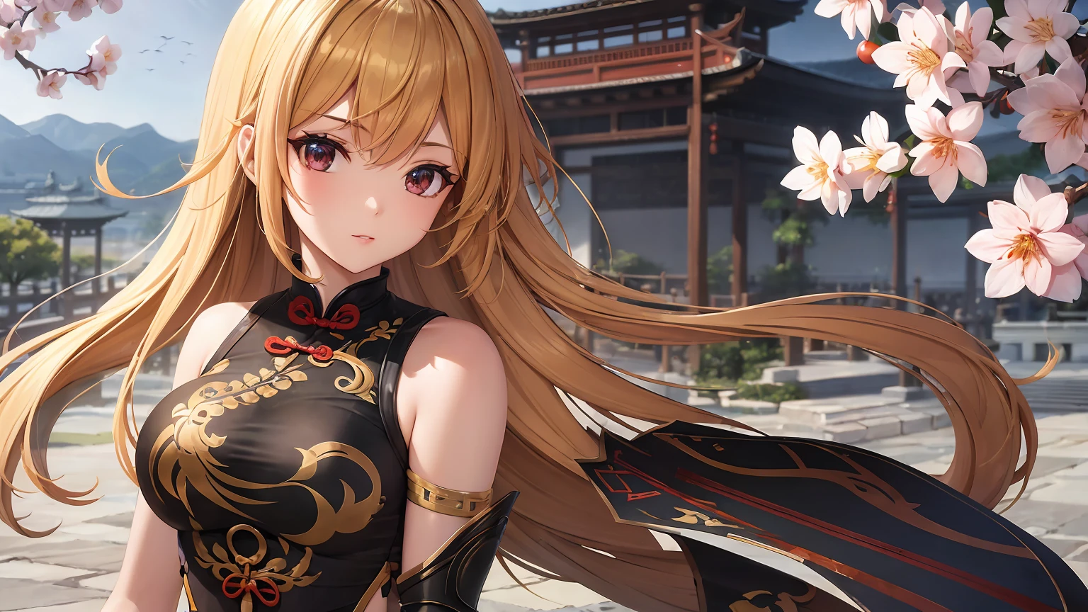 beautiful girl, (cheongsam with plated armor at upper arms:1.2), standing in a traditional chinese garden with cherry blossom, high quality render, extremely detailed, upperbody close up