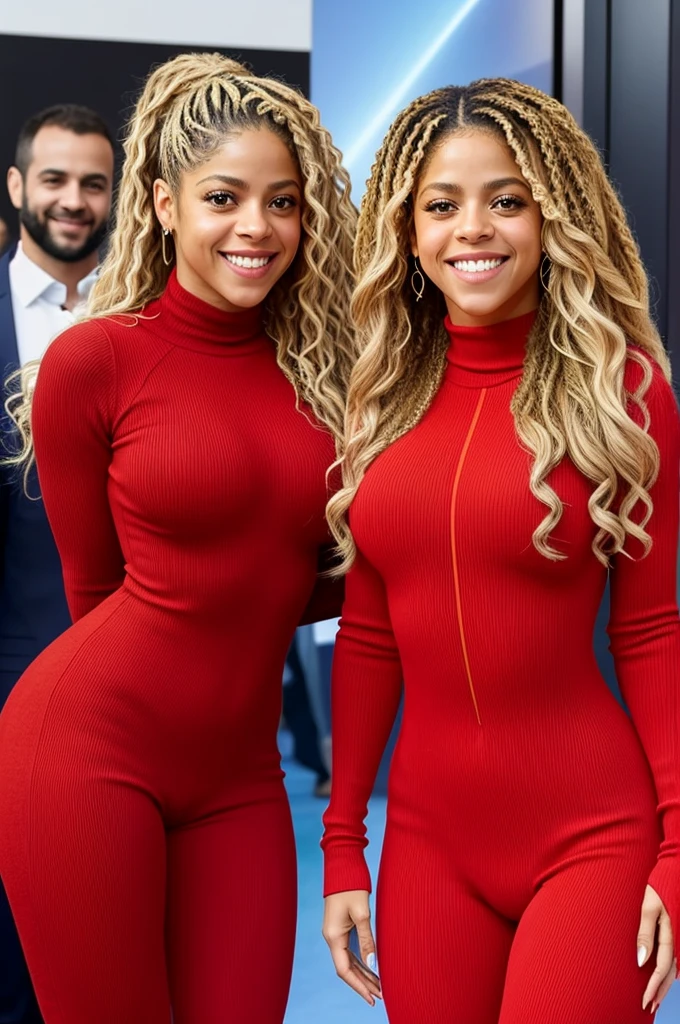 Shakira is beautiful, smiling happily, wearing a red wool bodysuit standing next to a red supercar