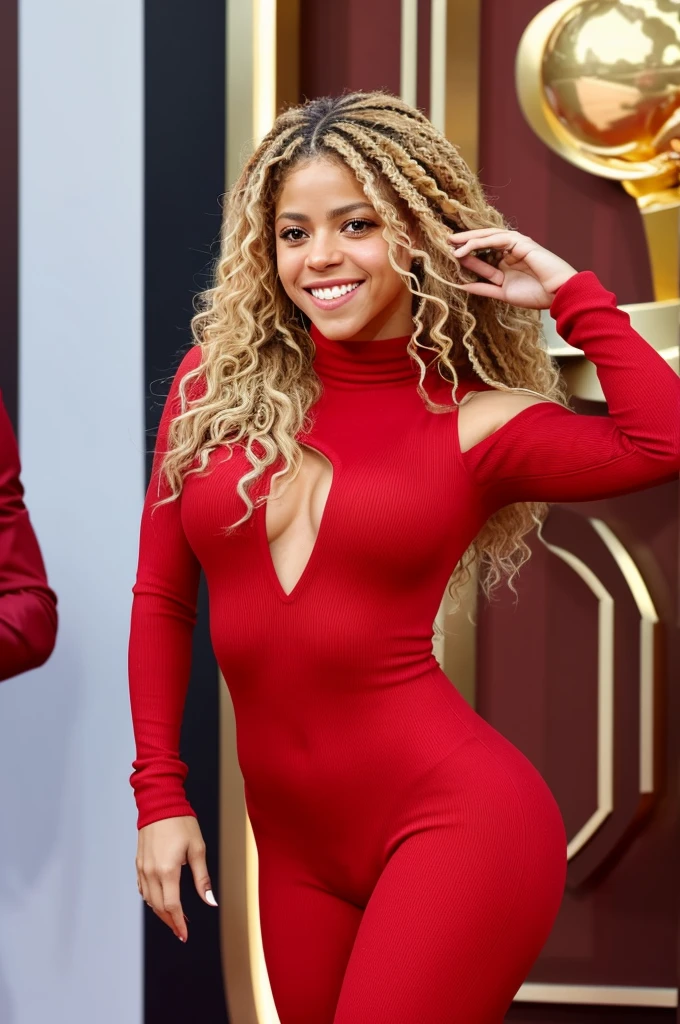 Shakira is beautiful, smiling brightly in a sexy black bodysuit, standing next to a supercar