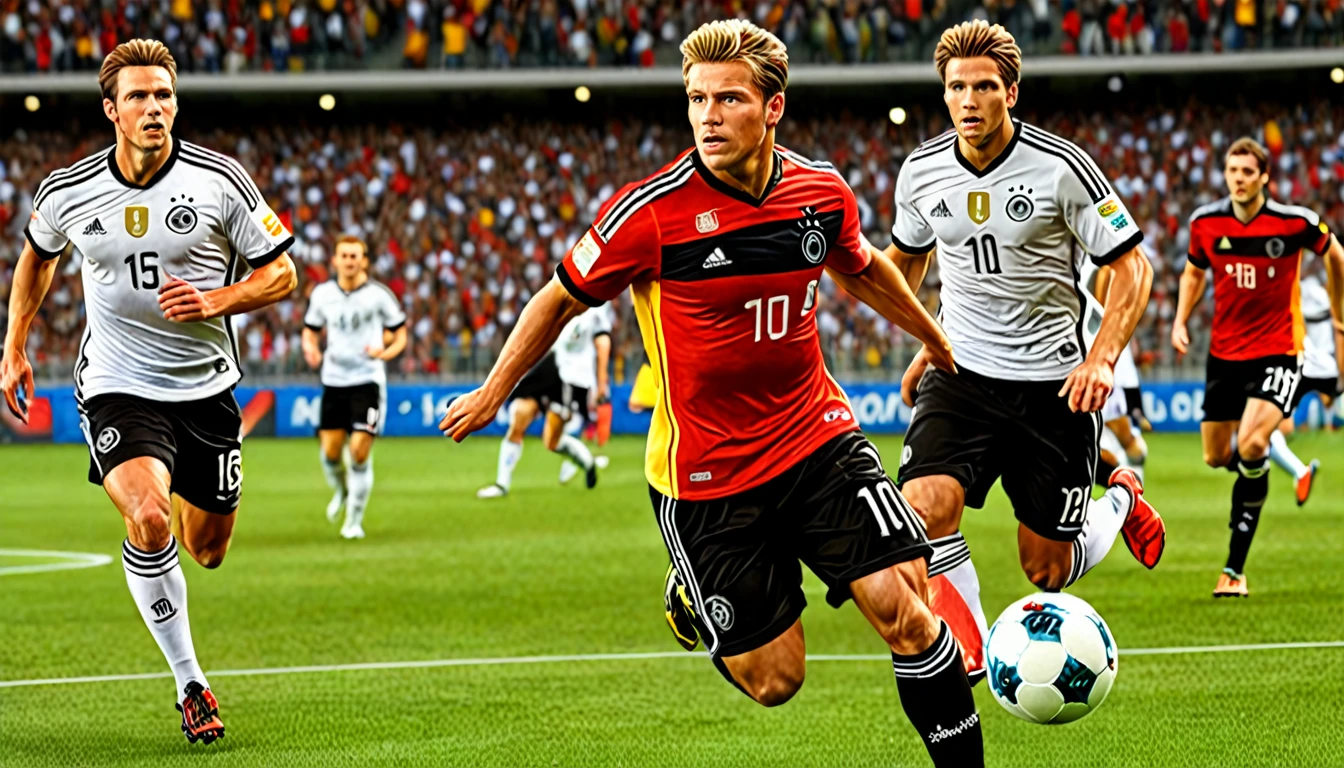 high quality, hyperdetailed, 3d, dynamic, dramatic lighting, highly detailed, photorealistic, 1 german male soccer team, soccer players, athletes, football, soccer, team, sports, sports uniforms, soccer jerseys, cleats, soccer ball, soccer field, stadium, crowds, cheering fans, flags, banners, action pose, muscular figures, sweat, motion blur, depth of field, germnan flag on jersey