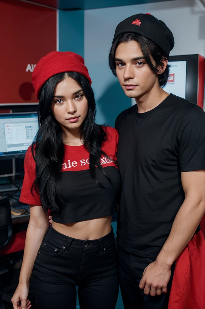 black hair in the booth wearing a red hat blue shirt black pants