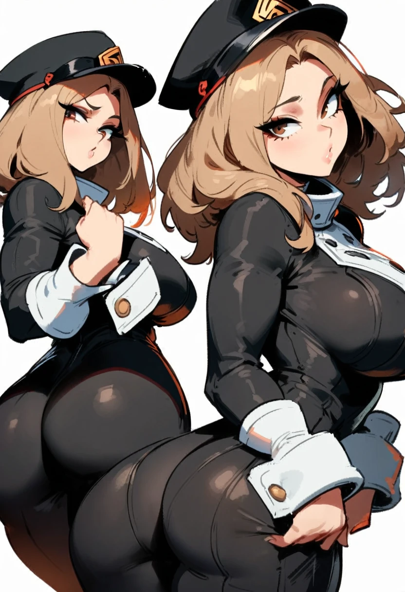 1girl, utsushimi kemii, boku no hero academia \\\\\ masterpiece, best quality, very aesthetic, absurdres, newest \\\\\\ slim body,///// ,by nyantcha,cutesexyrobutts , by khyle,,////// beautiful face, light brown hair ,plump and glossy lips, . , , dark brown eyes,, cap, black catsuit . She wears white cuffs around her wrists,,standing, white background, (rear view:1.2), ass view,big tits