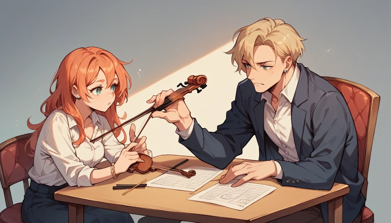 Please make a picture where a person is playing the violin with a table next to it