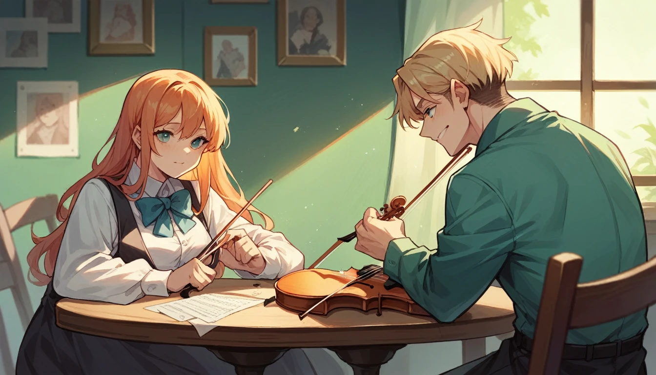 Please make a picture where a person is playing the violin with a table next to it