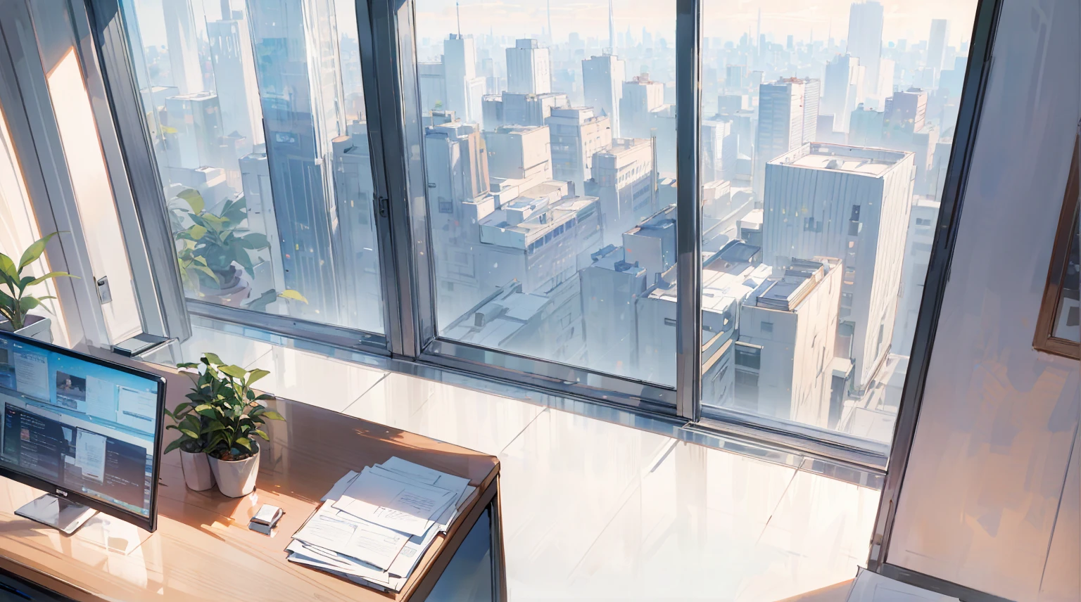 (best quality,masterpiece:1.2,detailed details,4k),((best quality)), ((masterpiece)), (detailed), office, potted plants, computers and documents on the desk,, floor-to-ceiling windows, the street view in the distance outside the window, the scene from the top down,