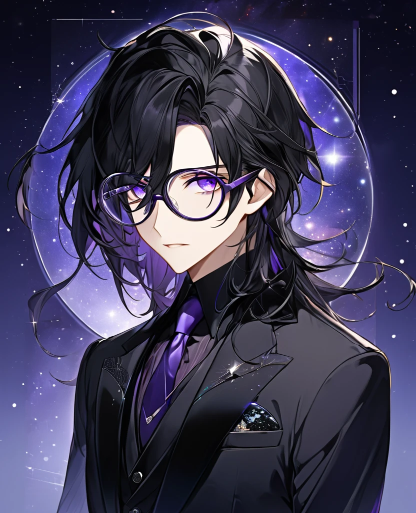 (black_hair), (long_male_hair), (deep_purple_eyes), (detailed_eyes), (attractive), (emotionless), (Deep_space_background), (male), (wearing _a_black_suit), (long_male_hair), (detailed_Hair), (detailed), (detailed_mouth), (mysterious), (complicated), (wears_transparent_glasses), (glasses_shape_square)