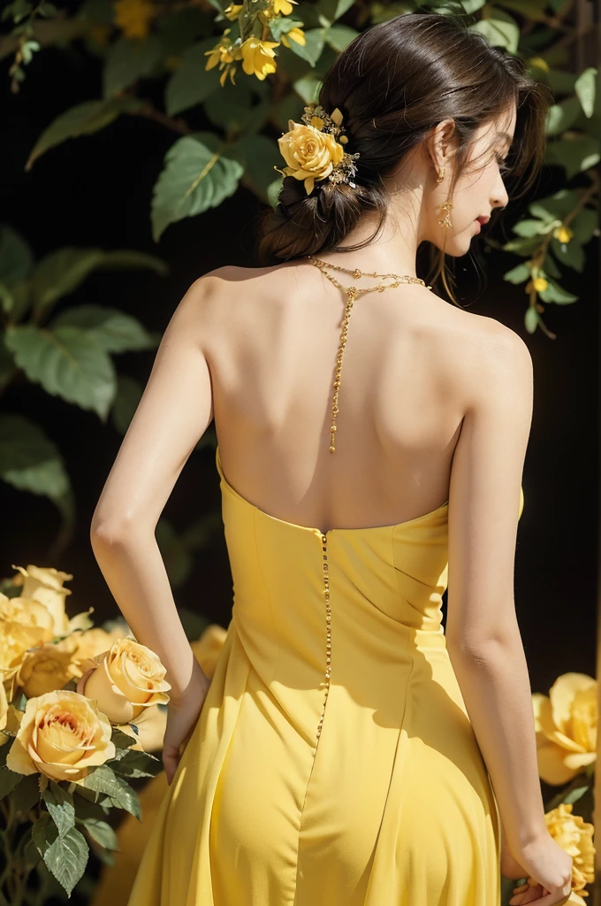 (((best quality))),(((ultra detailed))),(((masterpiece))),illustration, a stunning young girl amidst a sea of yellow roses, yellow rose petal dress,slim,thin, fair skin,shoulder length straight chestnut hair,earrings,necklace,intricate patterns, embellishments, ethereal charm, sparkling eyes, gentle smile, innocence and grace, yellow roses background, full bloom, fragrance of roses, enchanting presence, delicate fingers, admiration, beauty and nature blend, striking appearance, vibrant yellow color, harmonious equilibrium,lasting impression,standing,((upper body,from back)),night scene,((bare back,towering hips,butt crack))