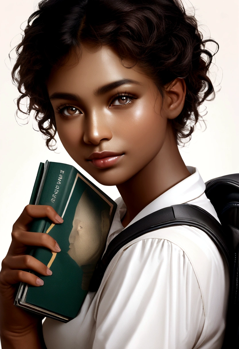 Realistic photo of a college student carrying a black backpack, White shirt and brown skin color, Holding a book and looking at the camera.