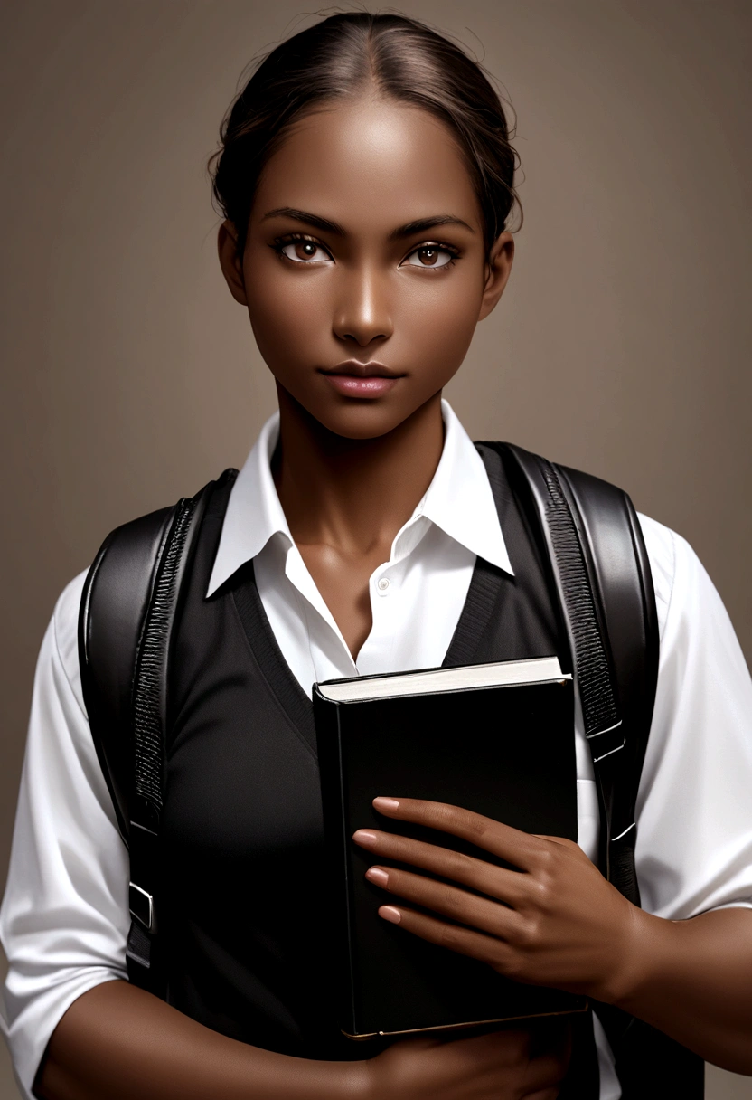 Realistic photo of a college student carrying a black backpack, White shirt and brown skin color, Holding a book and looking at the camera.