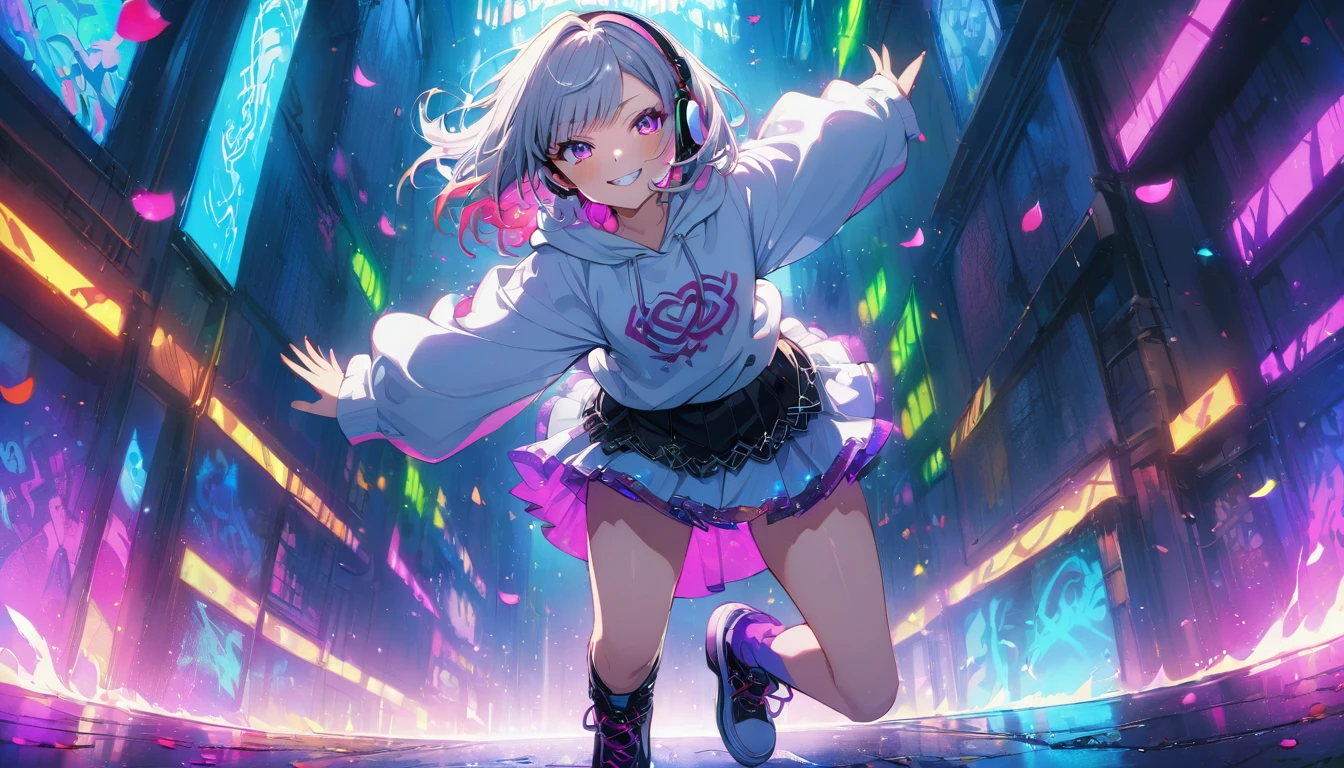 ((Masterpiece)), ((best quality)), (Anime:1.3), (super detail:1.2), (High Definition:1.3), (Professional Photography:1.3), ((12 years old)), cute young Girl, Glossy unruly hair, (loose swept bangs), (silver ash hair), medium hair, big eyes, (Eye bags:1.3), (Long eyelashes), colorful eyes, (evil smile and blush), Glossy lips, (jagged teeth), farewell, (white hoodie with oversized), mini skirt, barearms, cute, (full body), (colorful:1.3), gothic makeup, (wearing headphone), dancing, neon-lit, pretty, Celtic, maniac, gazing skyward, colorful petals dance around, at street,