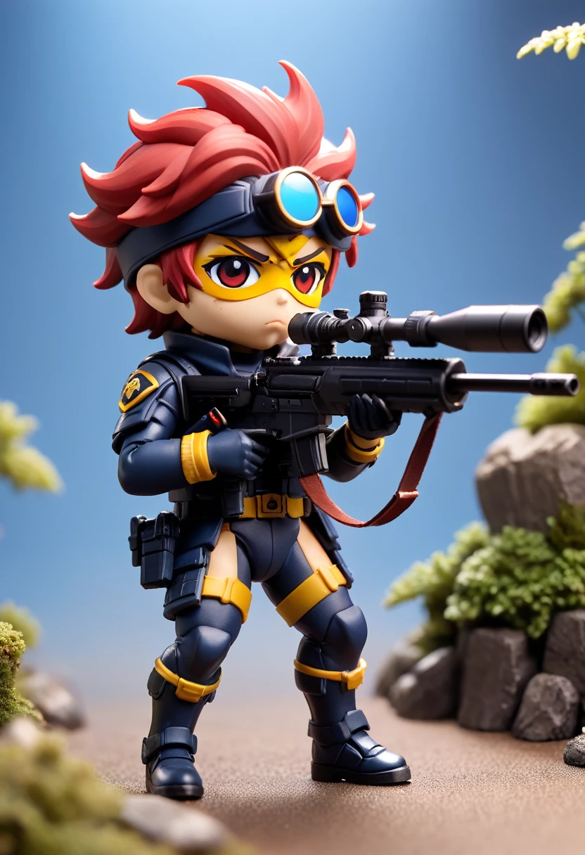 Esbian all over、Cool Cyclops、Pop Cyclops、Villain、Diorama、Simple Background、armor、holding a sniper rifle、Best Quality, Capture the cutest moments, Depth of written boundary, Super detailed, Ultra-high resolution, Octadale, 8k, 16km race