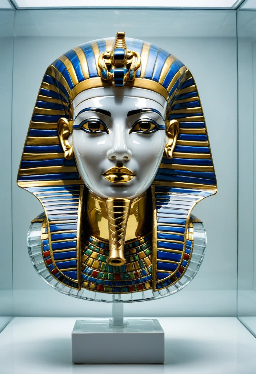 image of an Egyptian Tutankhamun mask made of clear glass, É made of glass transparente, made of glass, completely translucent white, You can see through your transparent skin, inside a large private lounge with white metal walls