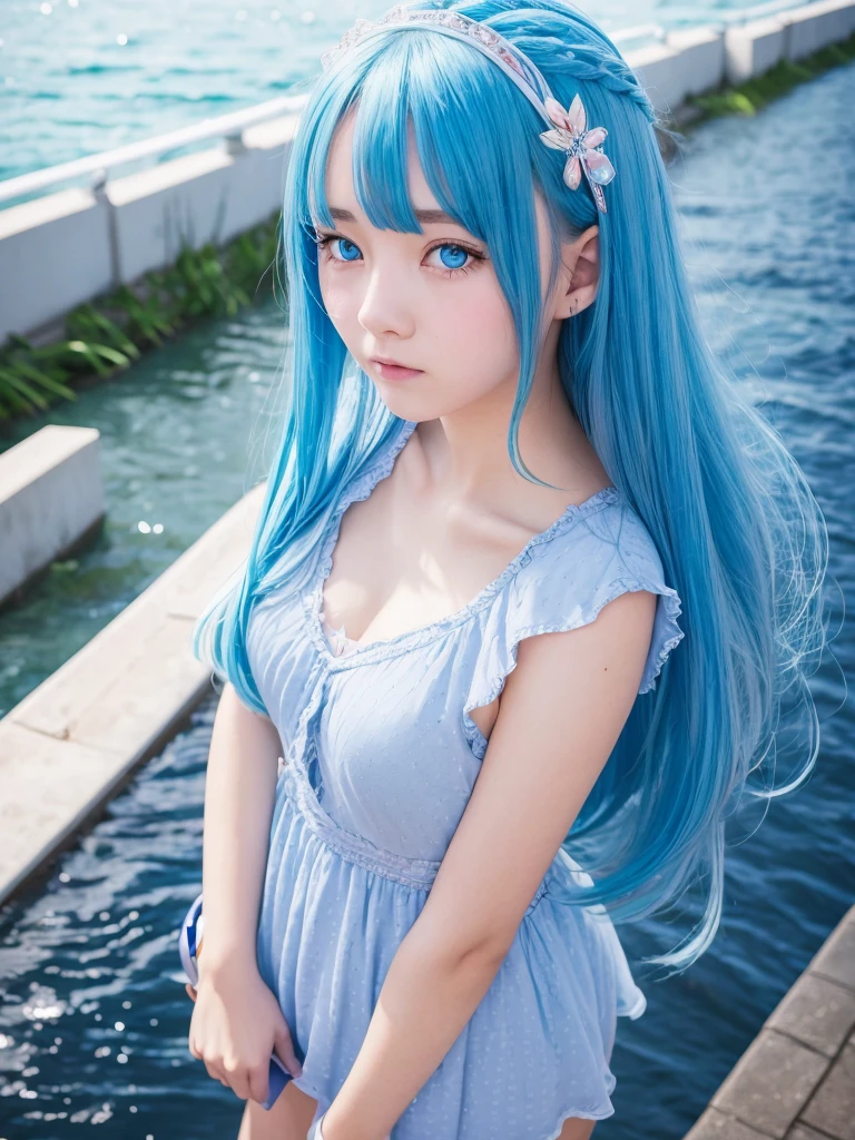 Embarrassed face, high school girl, blue hair, blue eyes, like the sea, sparkling, cute