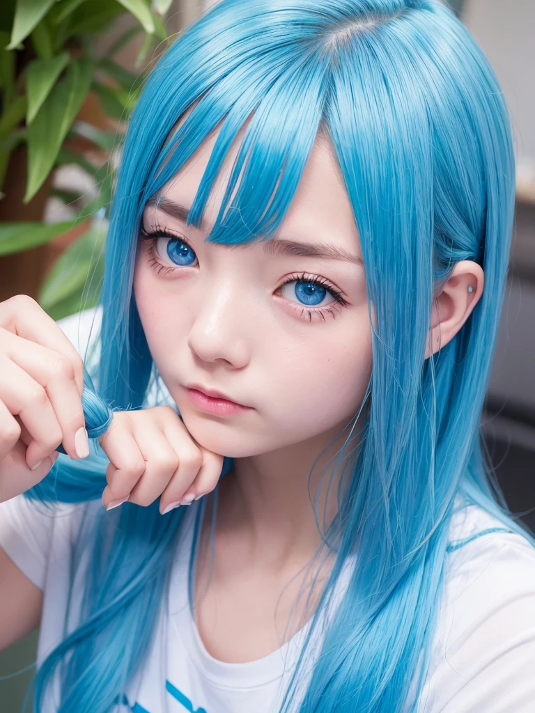 Embarrassed face, high school girl, blue hair, blue eyes, like the sea, sparkling, cute
