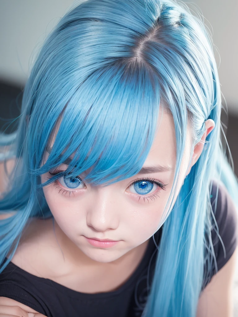 Embarrassed face, high school girl, blue hair, blue eyes, like the sea, sparkling, cute