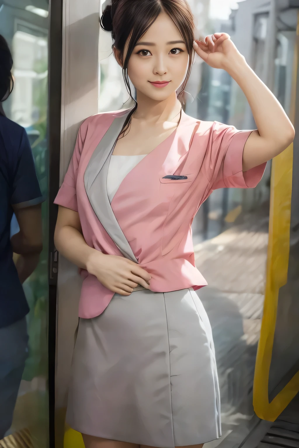 (masterpiece:1.2, Highest quality:1.2), 32k HDR, High resolution, (alone、1 girl)、 (Height: 160cm)、(On the rooftop of a building in the daytime、Professional Lighting)、Building rooftop background、(Nankai train crew uniform pinkを着たリアルスタイル)、(Nankai train crew uniform pink short sleeve collarless pink jacket、Nankai Train Crew Uniform Pink Collarless Short Sleeve Blouse、Nankai Train Crew Uniform Pink Grey Knee-length Culottes)、(The pink jacket is showing from the culottes.)、Dark brown hair、(Hair tied up、Hair tied up、Evening curly hairstyle)、Dark brown hair、Long Shot、Big Breasts、Thin legs、((Great hands:2.0)),((Harmonious body proportions:1.5)),((Normal limbs:2.0)),((Normal finger:2.0)),((Delicate eyes:2.0)),((Normal eyes:2.0)))、smile、(Nankai Train Crew Uniform Pink Grey Knee-length Culottesを見せた美しい歩く姿)、Place your hands around your stomach、Lanyard employee ID card