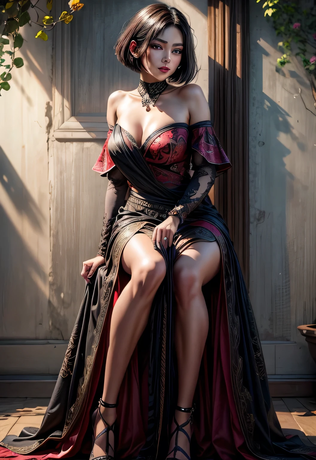 UHD 8k, HDR+, (best quality,4k,8k,highres,masterpiece:1.2),ultra-detailed,(realistic,photorealistic,photo-realistic:1.37),portrait, vibrant colors, glamorous, exquisite makeup, dramatic lighting, vibrant atmosphere,two gorgeous asian ladies, stunning beauty, delicate facial features, perfect skin complexion,detailed eyes, glossy lips, seductive expressions,black mascara, elegant eye makeup,red streaks in their bobcut black hair, beautiful short red dresses with intricate designs, sitting gracefully on a table, confident and alluring poses, trendy accessories that complement their outfits, exotic garden background, vibrant flowers and lush greenery, warm sunlight casting a romantic glow, captivating and mysterious atmosphere, Against the background of the field, detailed background, realistic, 1girl, solo girl, 20 year old girl, ultra realistic face, hyperrealistic, hyperdetailed, (looking at viewers), sharpen, detailed face, detailed eyes, detailed lips, red lips, beautiful face, 16k, FHD, raw photo, cute face mesh, pretty face mesh, portrait shot 8